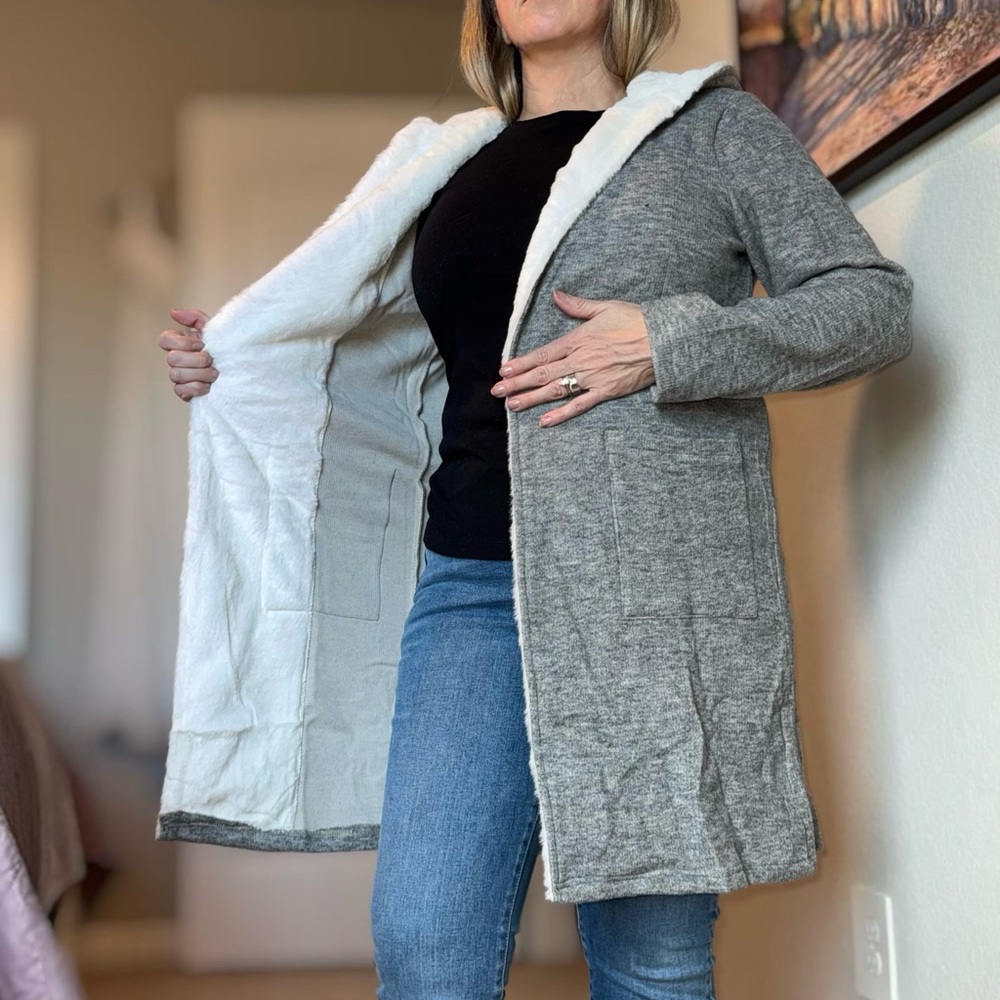Hayden Gray Cardigan with White Furry Trim & Hood - Picture 7 of 14